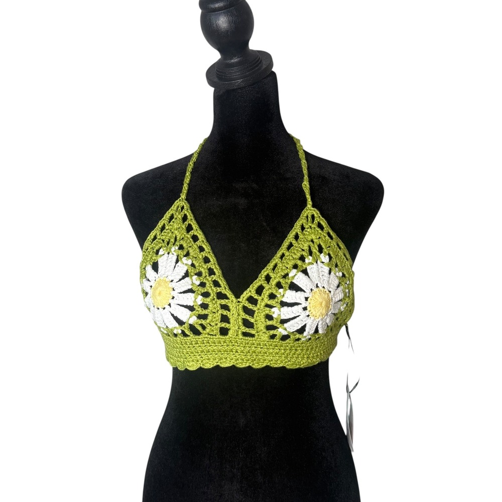 BOHO Crochet Open Knit Daisy Flower Halter Crop Top Size L Green Hippie Festival